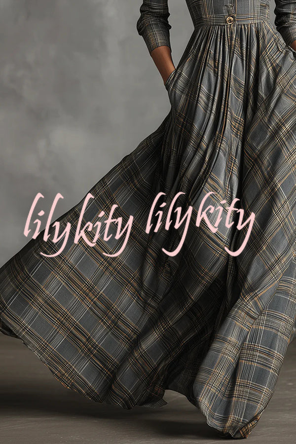 Plaid Print Long Sleeve Slim Fit Casual Pocket Maxi Dress