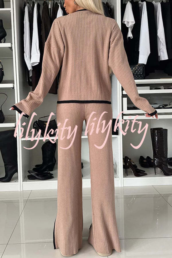 Warm Embrace Knit Ribbed Colorblock Trim Pocket Top and Stretch Slit Pants Set