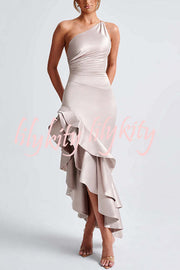 YES I DO Satin One Shoulder Ruched Slit Ruffles Maxi Dress