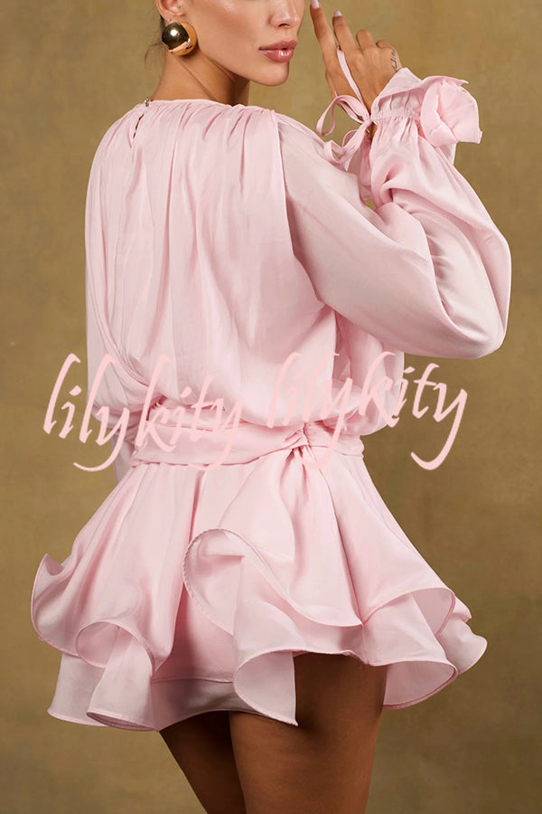 Solid Color Long Sleeve V-Neck Lace-Up Elegant Flower Decorated Mini Dress