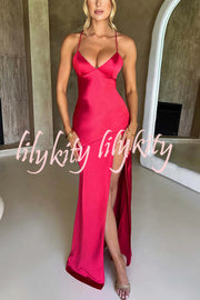 Satin Solid Color Sexy Backless Lace Up High Slit Maxi Dress