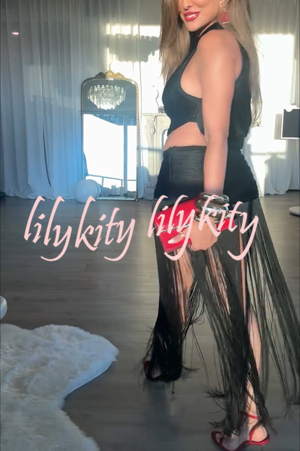 Dancing Miracle One Shoulder High Waist Hollow Design Tassel Hem Drape Mini Dress