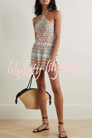 Juney Knit Colorful Zigzag Pattern Halter Neck Slit Wide Leg Loose Romper