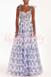 Fairytale Itself Organza Floral Print Tie Strap Maxi Dress