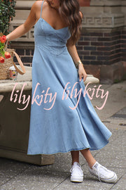 Solid Color Sleeveless Suspender Pleated Back Faux Denim Midi Dress