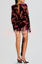 Night Out Velvet Paisley Print Long Sleeve Tie-up Tassel Loose Mini Dress