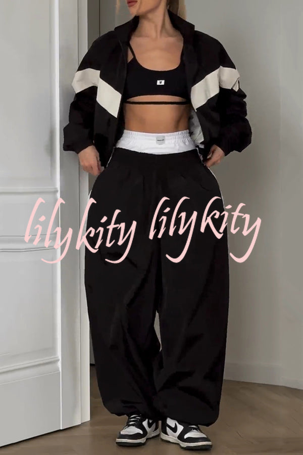 Fashionable Contrasting Long-sleeved Loose Coat and Elastic Waist Wide-leg Pants Set