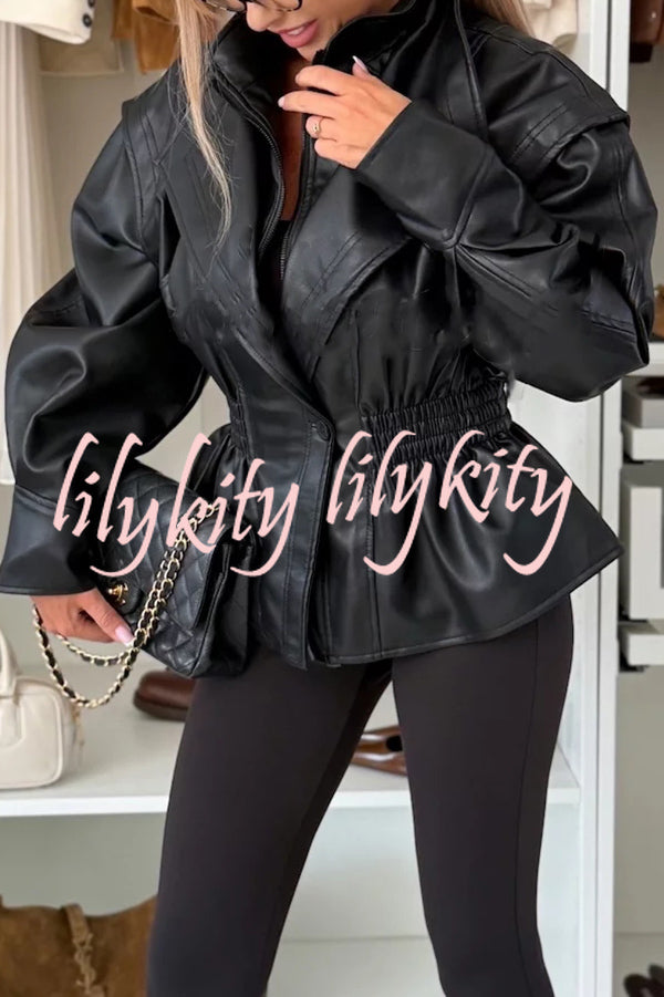 Play It Cool Faux Leather Single Button Elastic Waist Lapel Moto Jacket