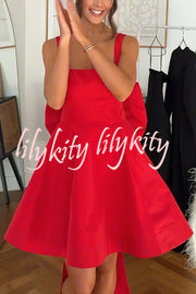 Red Drama Taffeta Square Neck Back Oversized Bow Pocket Mini Dress