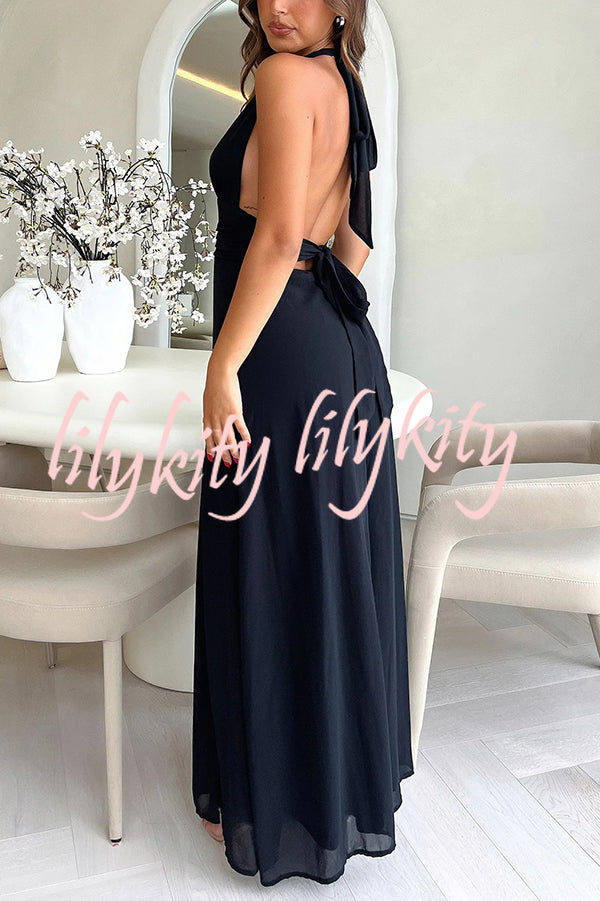 Sexy V-neck Backless Waist Tie High Slit Maxi Dress