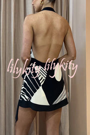 Unique Printed Open Back Waist Tie Holiday Mini Dress