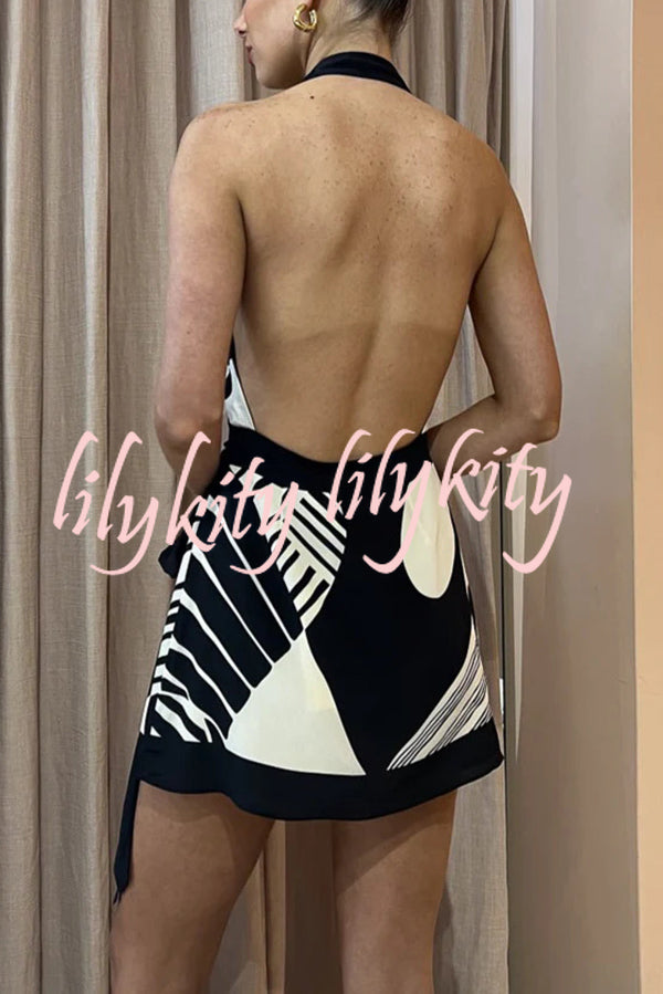 Unique Printed Open Back Waist Tie Holiday Mini Dress
