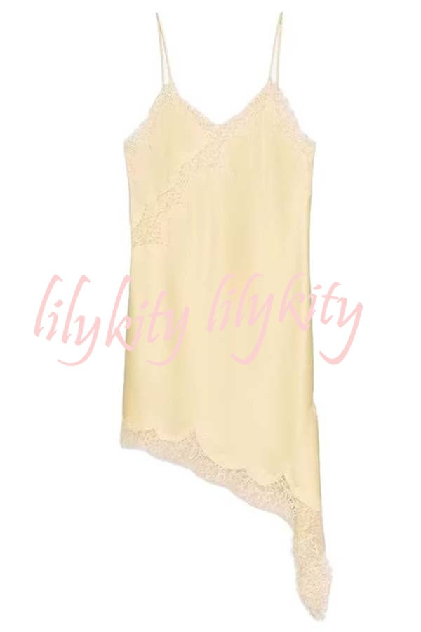 Elouise Satin Lace Trim V-neck Asymmetrical Hem Slip Mini Dress