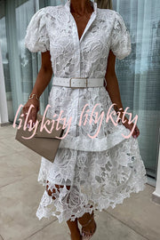 Absolutely Elegant Floral Crochet Lace Puff Sleeve Belted Shirt Midi Dress