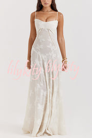 Romantic Vintage Feel Jacquard Fabric Back Lace-up Slip Floaty Maxi Dress