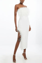 Retro and Glamorous Feather Trim Detail Bandeau Slit Stretch Midi Dress