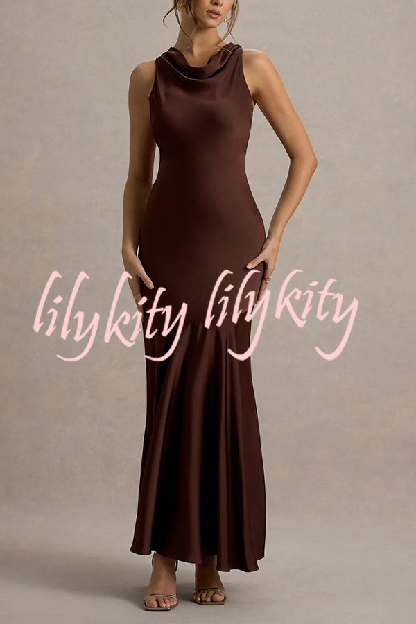 Timeless Sophistication Satin Cowl Detail Back Self-tie Halter Neck Maxi Dress