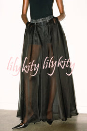 Avant-garde Fashion Denim Flowing Organza Patchwork Pocketed Wide Leg Jeans