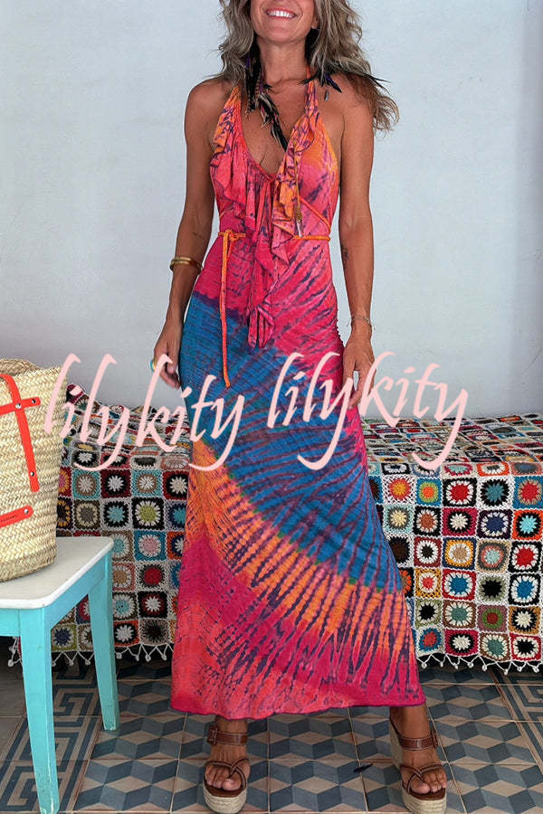 Tarik Tie-dye Print Ruffle Neck Halter Lace-up Backless Stretch Maxi Dress