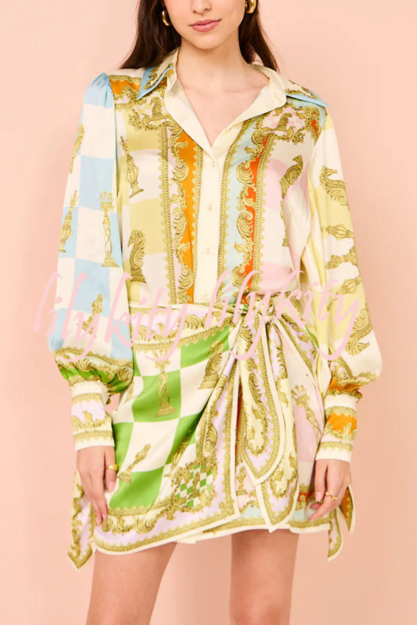 Vacay Mode Satin Unique Print Tie-up Design Wrap Mini Dress