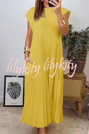 Solid Color Round Neck Sleeveless Pleated Large Hem Maxi Dress