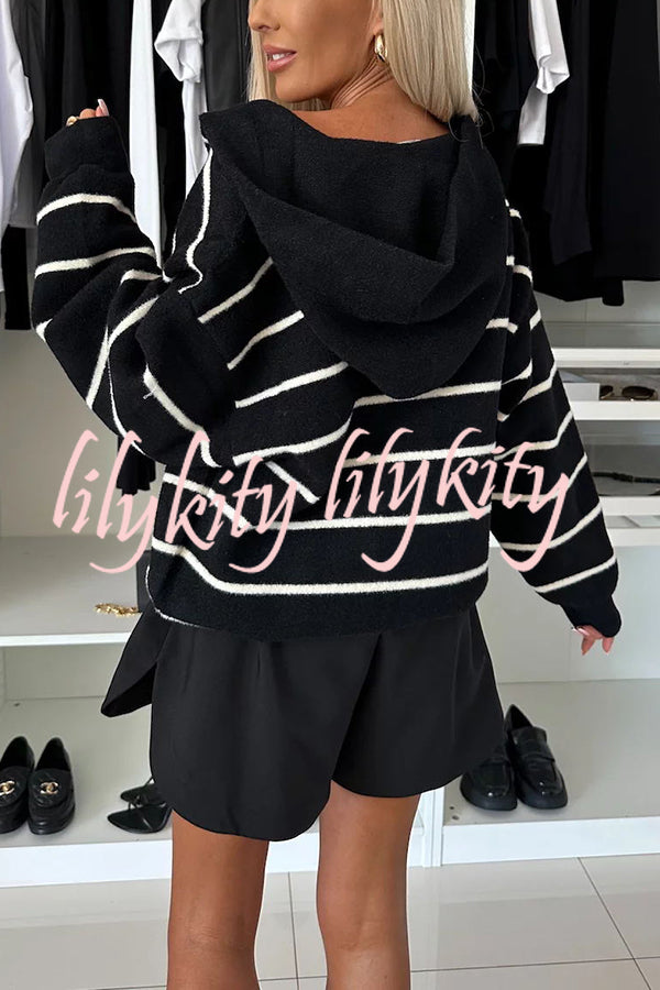 Fashion and Comfort Knit Striped Button Up Pocketed Loose Hooded Cardigan