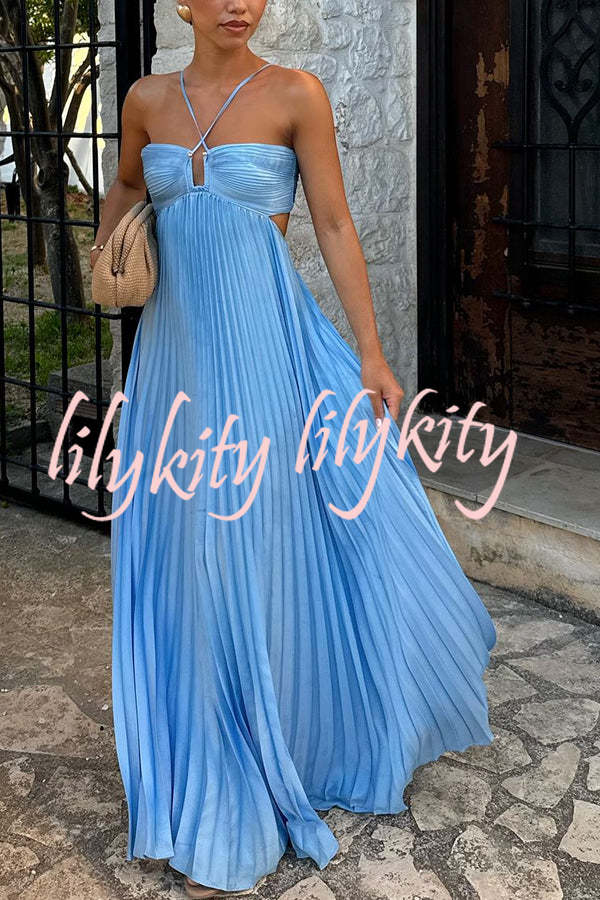 Caught Your Eye Satin Pleated Cross Straps Cutout Flowing Maxi Dress