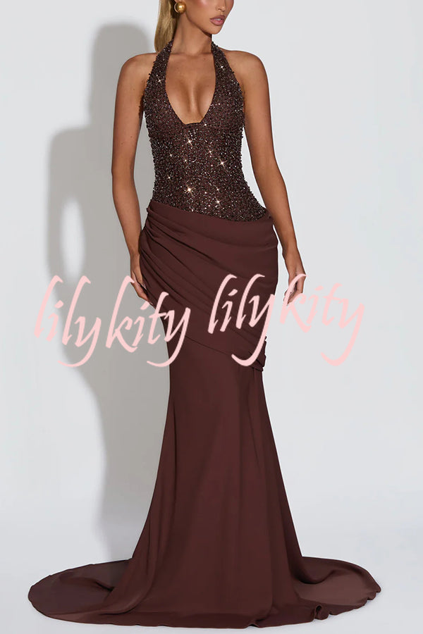Exclusive Declaration Sequin Halter Neck Back Lace-up Ruched Hem Maxi Dress