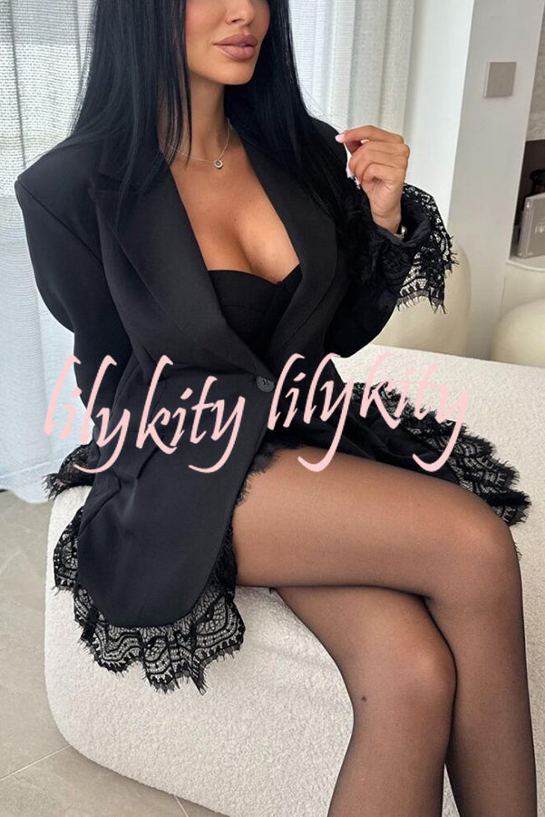 Amazing Items Lace Trim Button Up Long Sleeve Lapel Loose Blazer