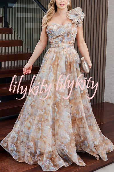 Romantic Ball Chiffon Floral One-shoulder Pleated Design Back Lace-up Gown Maxi Dress