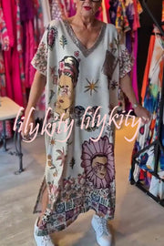 Fashion Printed V-neck Short-sleeved Casual Loose Maxi Dress