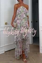 Cocktail Party Sheer Floral Georgette Halter Flowy Tiered Maxi Dress