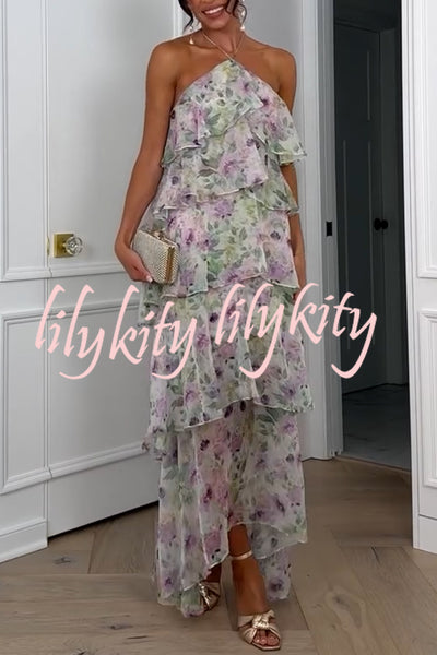 Cocktail Party Sheer Floral Georgette Halter Flowy Tiered Maxi Dress