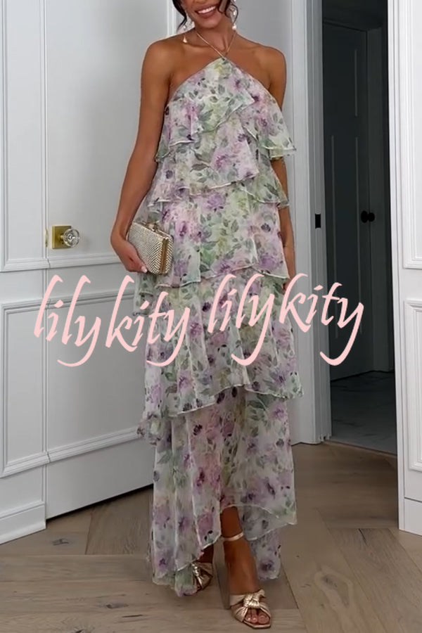 Cocktail Party Sheer Floral Georgette Halter Flowy Tiered Maxi Dress