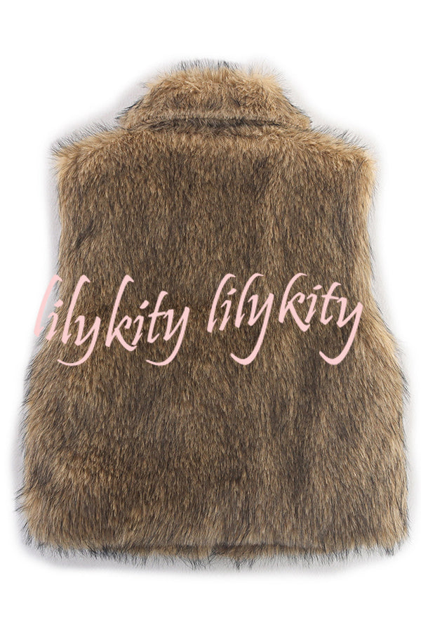 Stylish Collared Sleeveless Short Faux Fur Vest