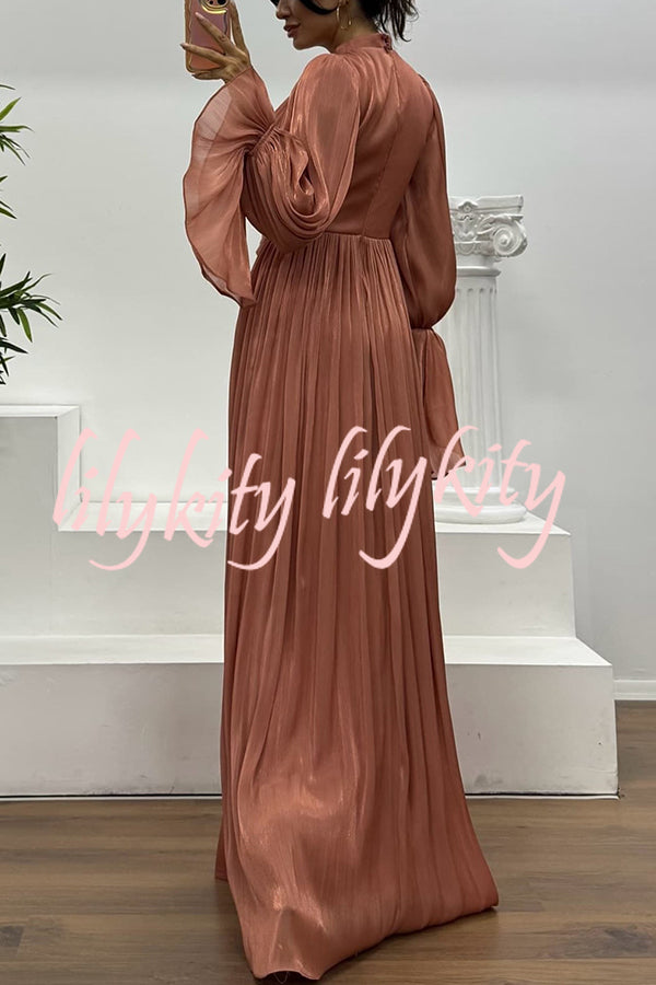 Ellah Shiny Fabric Chinese Stand Collar Twist Waist Balloon Sleeve Maxi Dress