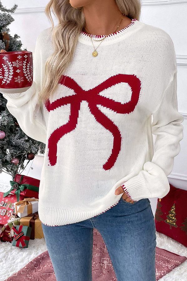 Christmas Contrasting Color Big Bow Round Neck Long Sleeve Loose Knitted Sweater