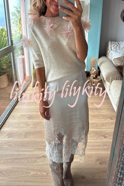 Alboran Knit Organza Flowers Detail Short Sleeve Loose Sweater