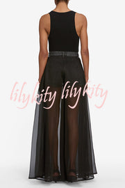 Avant-garde Fashion Denim Flowing Organza Patchwork Pocketed Wide Leg Jeans