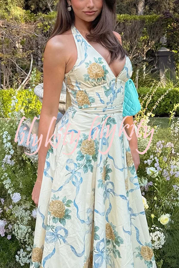 Resort Star Floral Print Waist Halterneck Tie Pocket Midi Dress