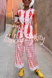 Good Luck Linen Blend Koi Pattern High Rise Elastic Waist Loose Pants