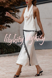 Iriena Satin Lace Trim Cowl Halter Neck Tank and Mid Rise Midi Skirt Set