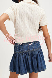 Solid Color Elastic Waist Button Tie Denim Mini Skirt