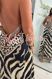 Zebra Print V-neck Open Back Loose Maxi Dress