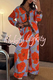 Color-block Poppy Leopard Print Trim Loose Shirt and Elastic Waist Pocketed Pajama Set