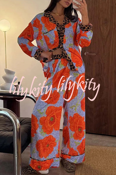 Color-block Poppy Leopard Print Trim Loose Shirt and Elastic Waist Pocketed Pajama Set