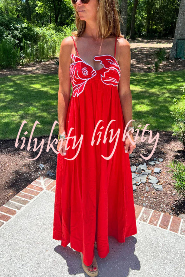 Red Fish Embroidered Sling Backless Maxi Dress