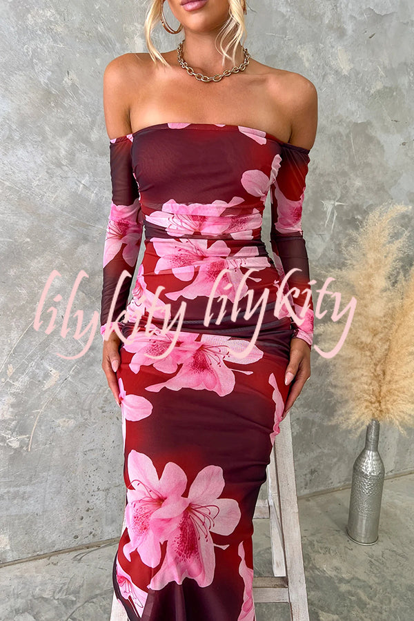 Floral Fantasy Mesh Off Shoulder Long Sleeve Stretch Maxi Dress