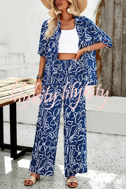 Irregular Printed Button Pocket Long Sleeved Shirt and Elastic Waist Pants Set