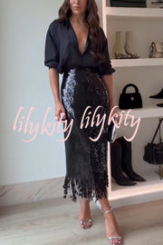 City Queen Sequin Tassel Round Pieces High Rise Back Zipper Midi Skirt